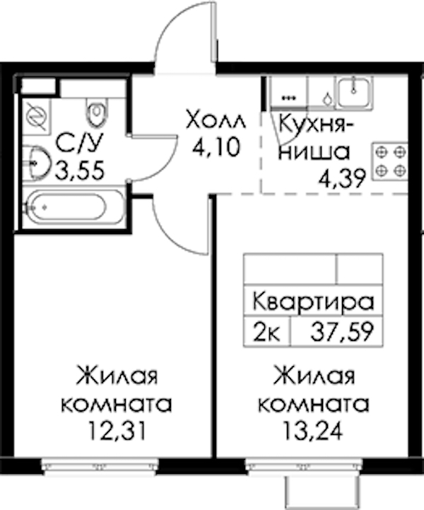 1-комнатная квартира 37.59 м², 2/24 эт., ЖК «Заречный парк»